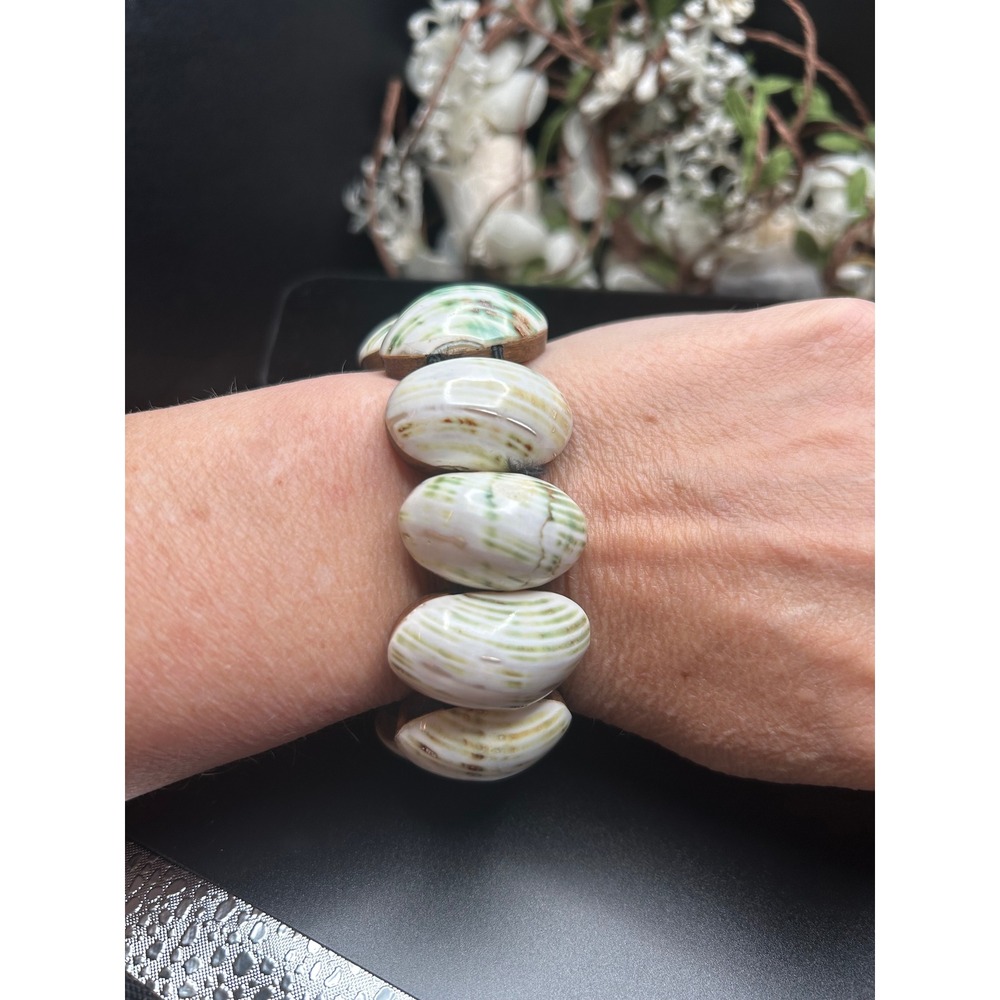 Wood Stretch Bracelet Boho Beach Coastal Surfer Tropical Cream Green